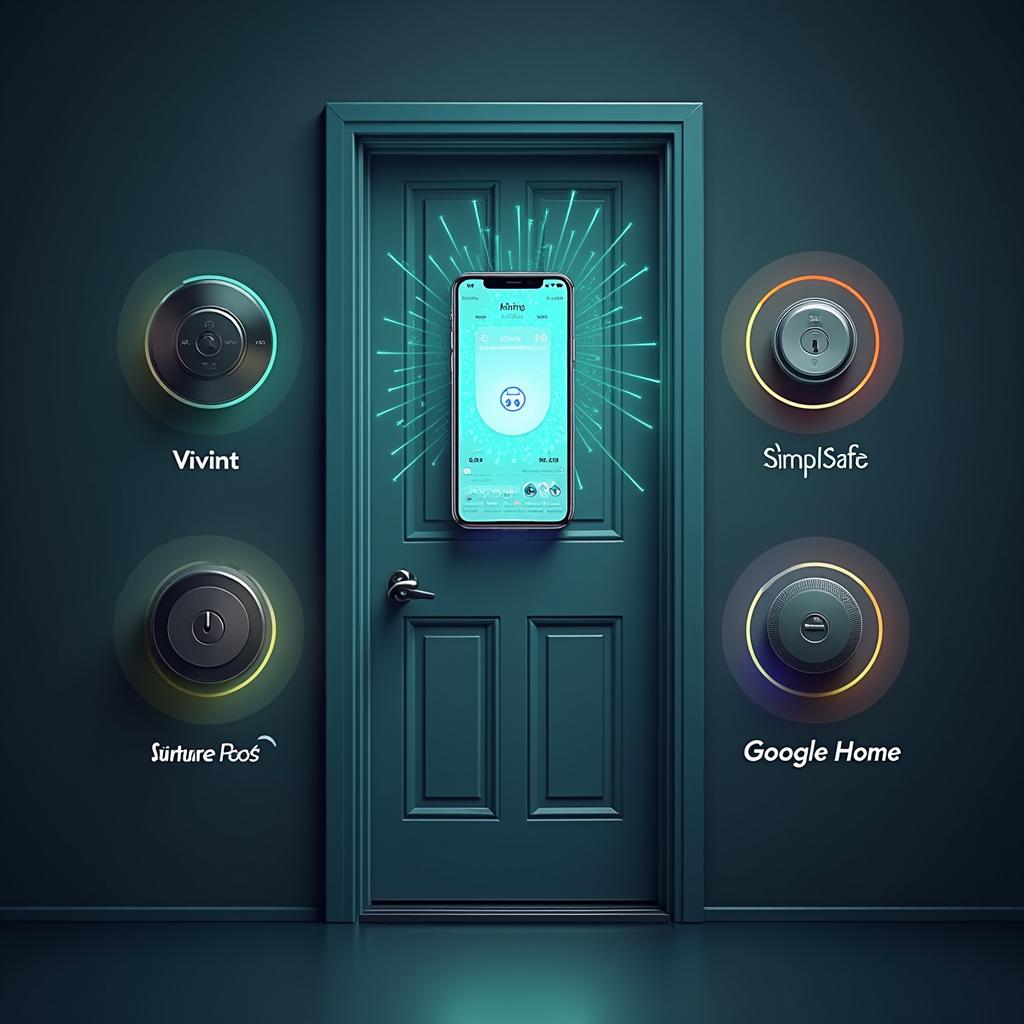 Modern front door with smart locks from Vivint, Ring, SimpliSafe, and Google Home, and a glowing smartphone displaying a home security app