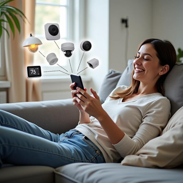 A split-screen image: on one side, a person lounging on a couch, smiling and holding a smartphone; on the other side, various smart home devices (thermostat, lights, security camera) with connecting lines, showing how they're all controlled from the phone.