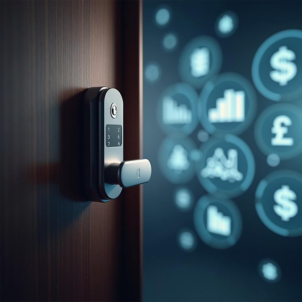 smart lock system on door with some charts and price tags on background