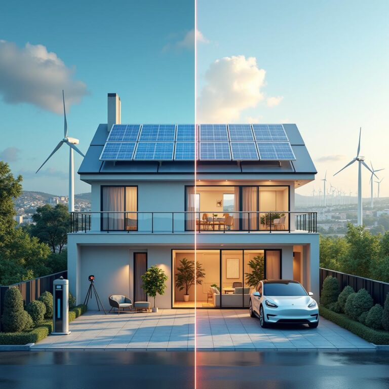 a modern smart home with solar panels, an EV charging in the driveway, and visible smart devices; on the other side, a cityscape with wind turbines, solar farms, and a visualized smart grid connecting it all. The image should have a futuristic yet relatable feel, showcasing the seamless integration of smart energy solutions in everyday life