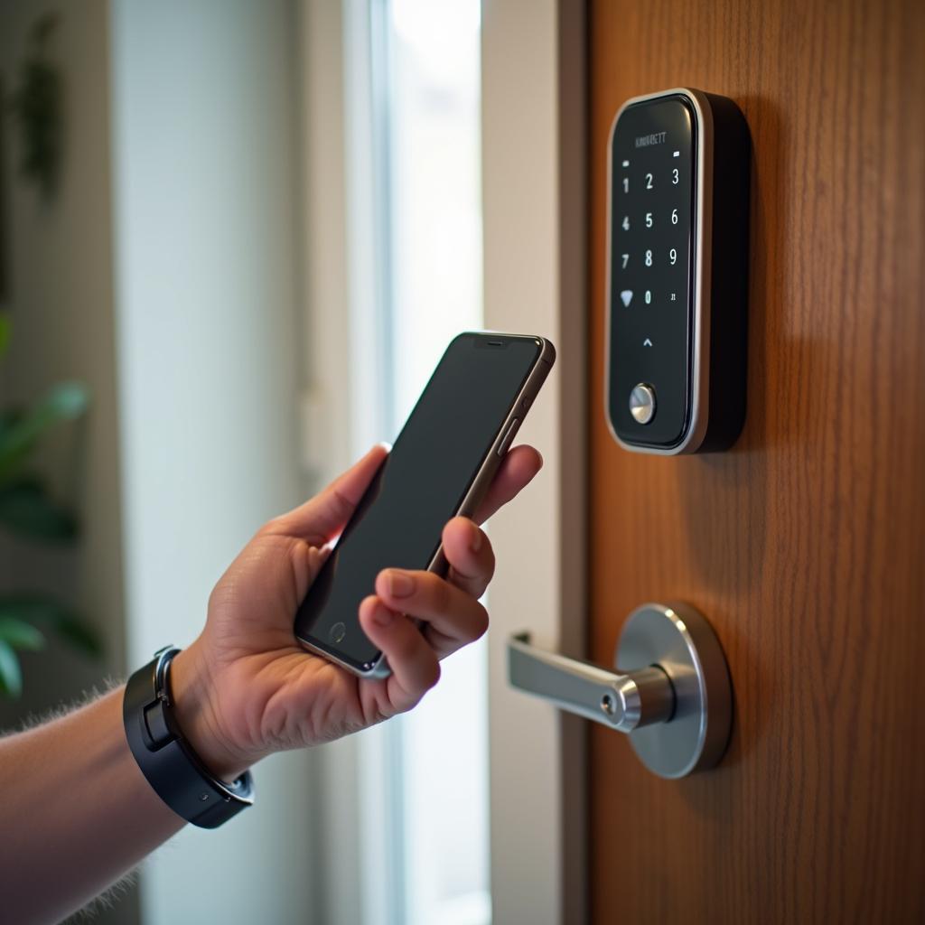 Person controlling the smart lock using smartphone installed on a front door