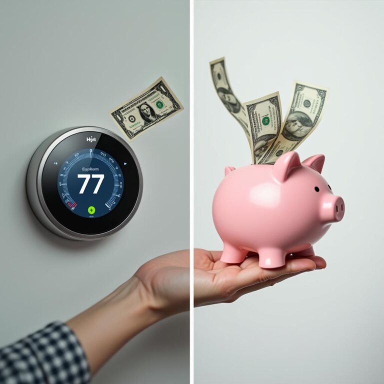 A split-screen hero image showing a traditional thermostat with dollar bills floating away versus a smart thermostat with a piggy bank filling up